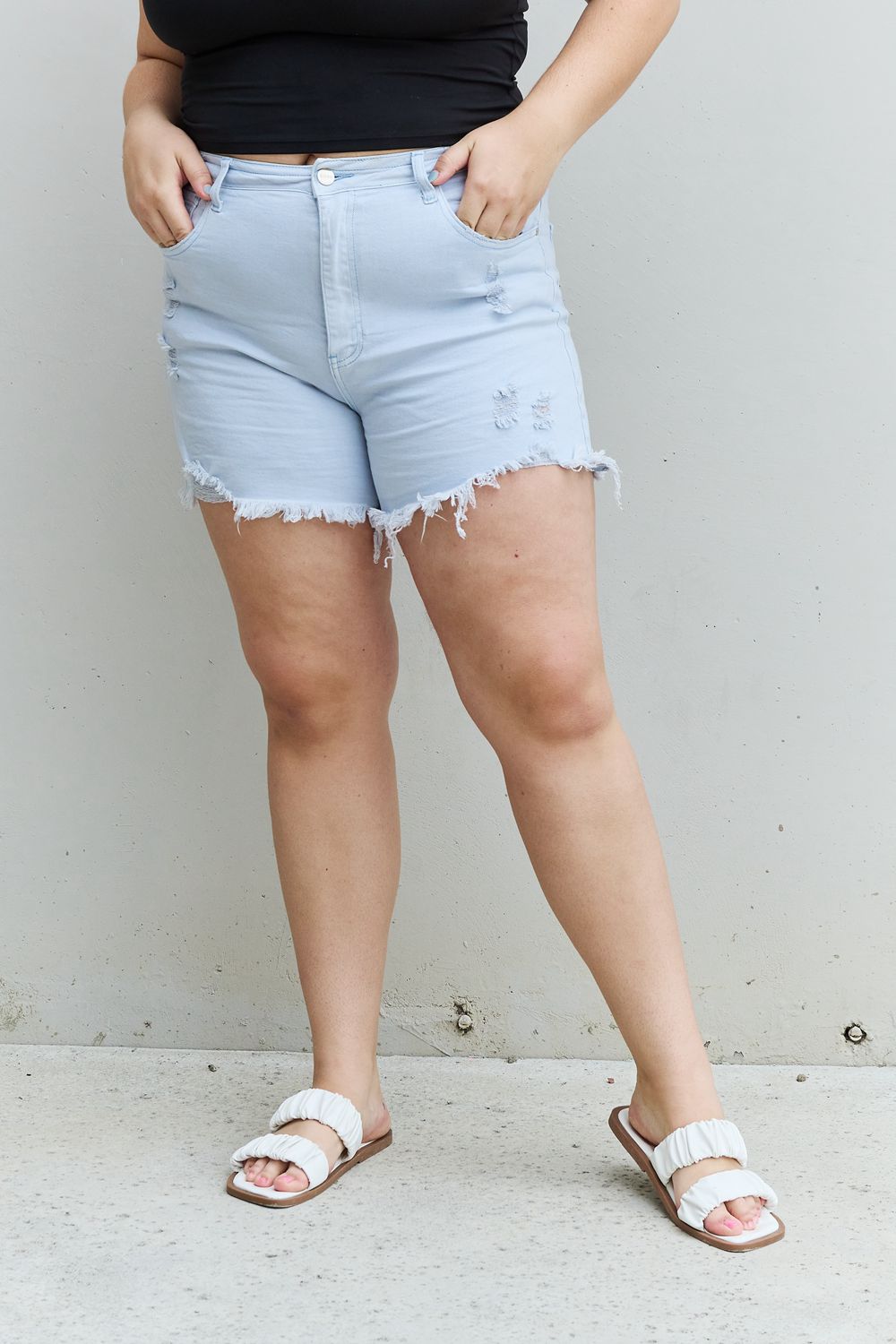 High Waisted Distressed Shorts in Ice Blue