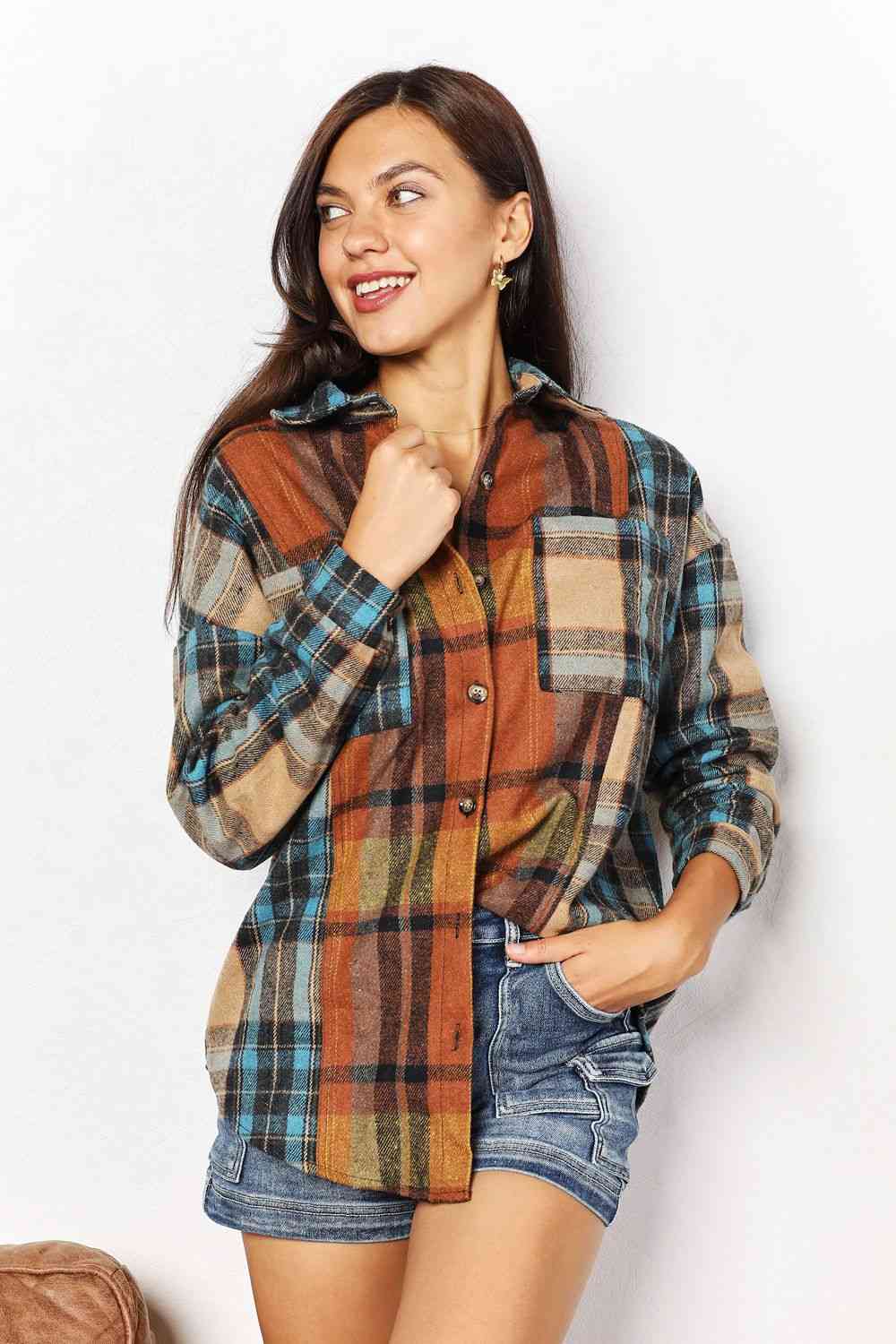 Double Take Plaid Shirt Jacket