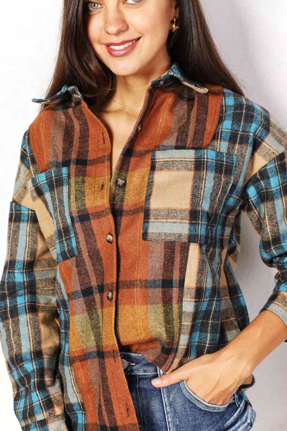 Double Take Plaid Shirt Jacket