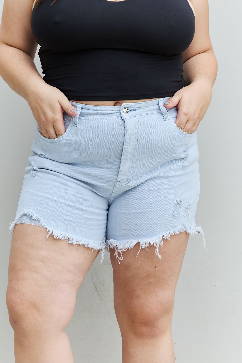 High Waisted Distressed Shorts in Ice Blue