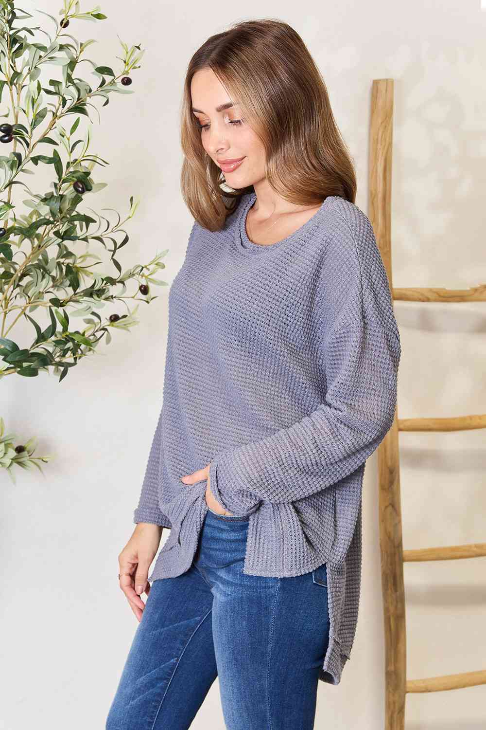 Basic Bae Waffle-Knit Round Neck Long Sleeve