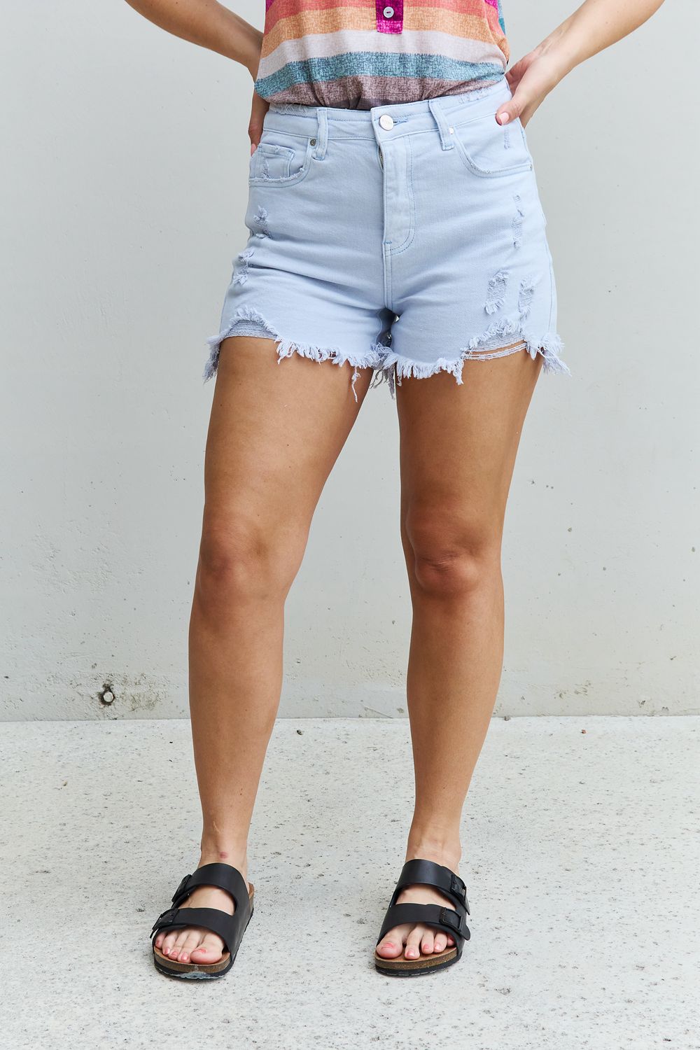 High Waisted Distressed Shorts in Ice Blue