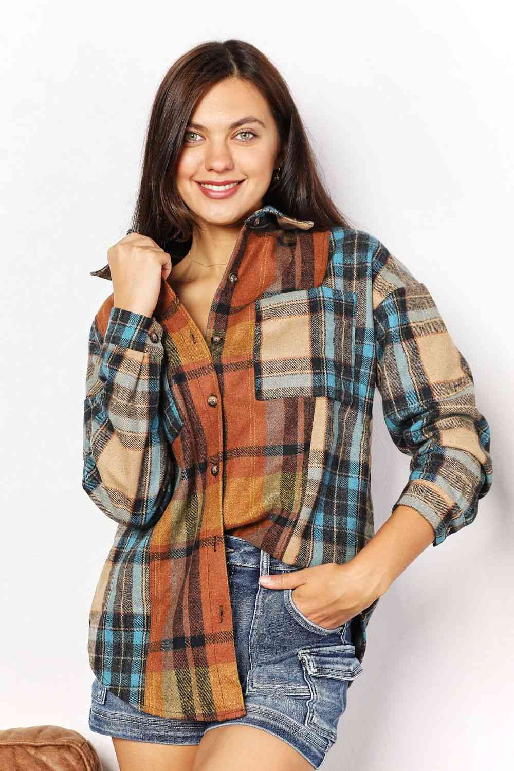 Double Take Plaid Shirt Jacket